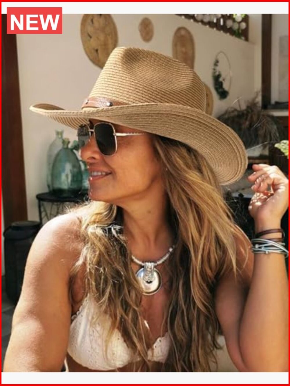 Cowboy Sun Hat with Wind Lanyard - Adjustable Lightweight Paper Blend - Picture 6 of 7